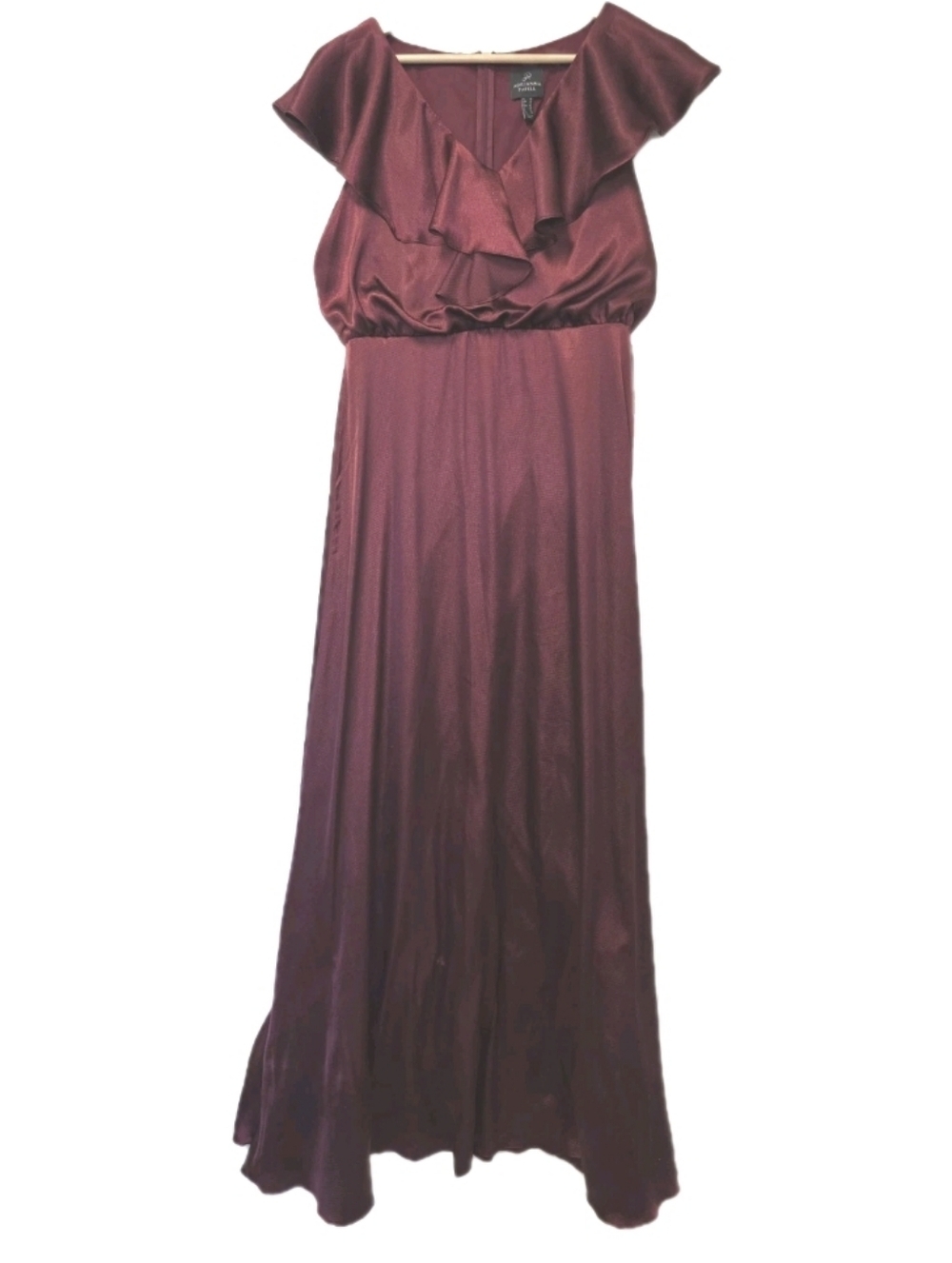 Adrianna Papell Women's Burgundy Wine Ruffle Hammered Satin Maxi Dress Size 10 - Picture 5 of 12
